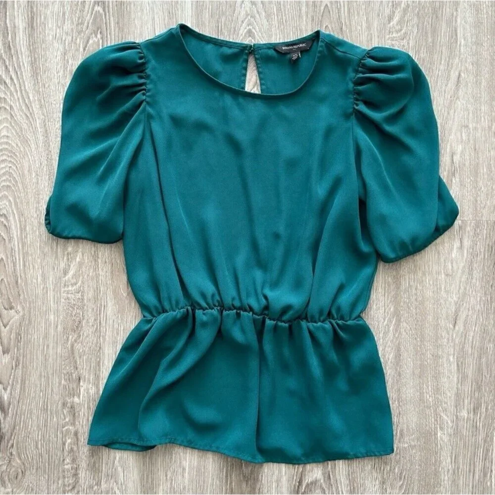 Banana Republic Peplum Blouse top XSMALL Teal Puff Sleeve